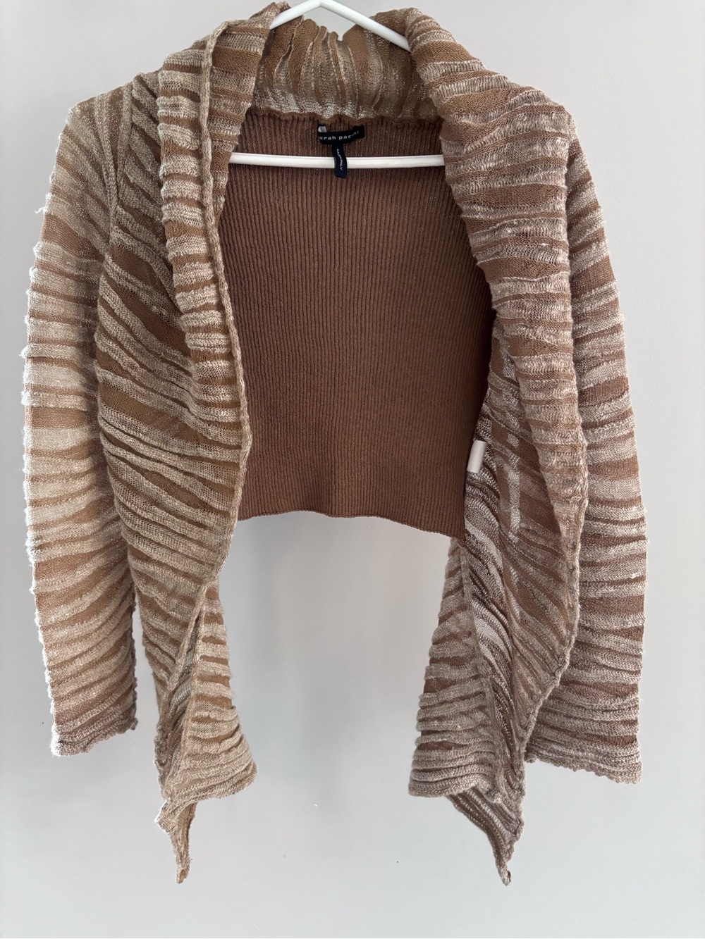 Sarah Pacini Open-Front Draped Cardigan in Light Brown and Cream